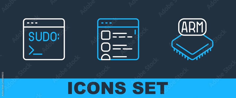Poster Set line Processor, Code terminal and Browser files icon. Vector