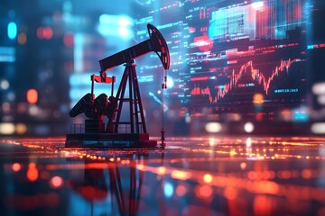 A digital art piece depicting an oil well with pumpjacks, surrounded by glowing stock market charts and graphs. The background is blurred to emphasize the foreground elements of rising stock data  - Powered by Adobe