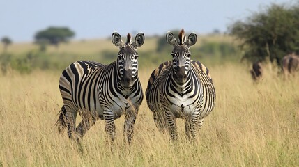 Obraz premium Two Zebras Standing in a Savanna Grassland