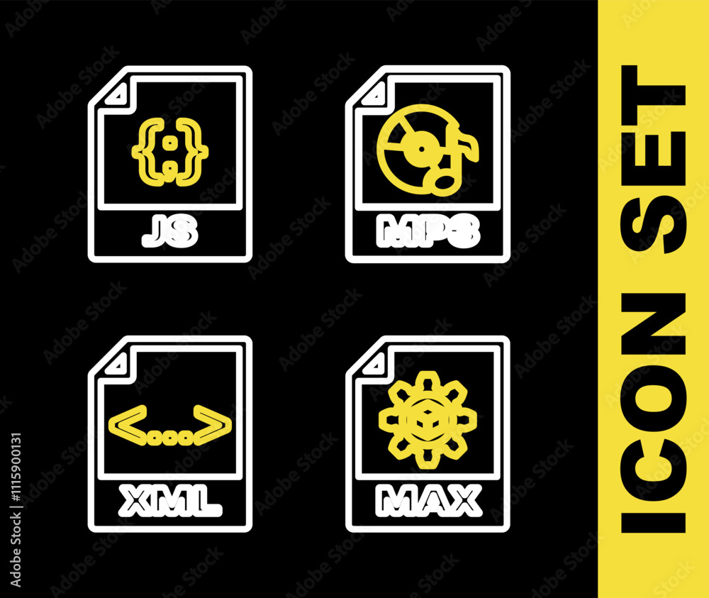 Poster set line mp3 file document, max, xml and js icon. vector