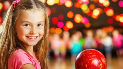 Fototapeta premium Adorable Girl at the Bowling Alley: Smiling Child with Bowling Ball