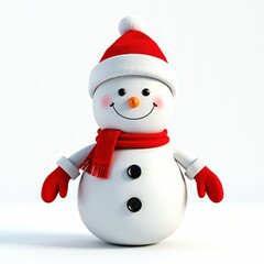 Cheerful snowman wearing a red hat, scarf, and gloves, smiling warmly against a bright white background.
