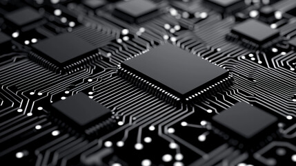 close up view of black circuit board with interconnected microchips and intricate pathways