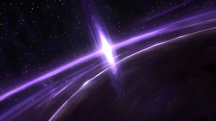 Stunning abstract cosmic artwork depicting a vibrant purple nebula illuminating a dark planet's horizon, perfect for science fiction, fantasy, or space-themed projects.