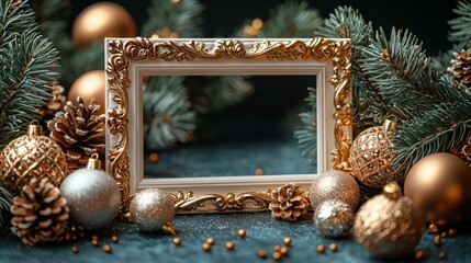 This vintage portrait showcases a nativity scene with spheres and pine branches, offering a blank space for creating holiday decorations and ornaments.