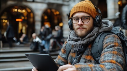 A young man in a cozy sweater and headphones sits on steps, using a tablet outdoors.