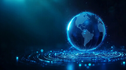 Obraz premium glowing holographic globe surrounded by luminous cybernetic rings in futuristic digital space
