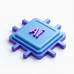 A stylized 3D rendering of an AI chip in blue and purple hues, symbolizing modern technology and artificial intelligence innovation in computing.
