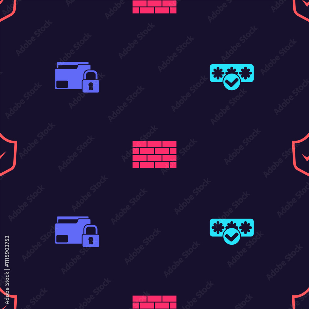Poster set password protection, folder and lock, firewall, security wall and shield with check mark on seam
