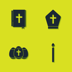 Set Holy bible book, Burning candle, Easter egg and Pope hat icon. Vector