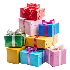 Fototapeta premium A stack of colorful wrapped gift boxes with bows isolated on transparent background. 