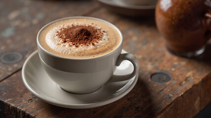 Obraz premium Cappuccino with cocoa powder served in a ceramic cup on wooden surface