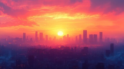 Fototapeta premium Vibrant sunset over a hazy city skyline.