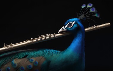 A vibrant blue peacock holds a gold flute against its neck, set against a stark black background. © satsatsat.studio