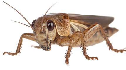 A close-up of a cricket perched on a white surface, showcasing its intricate body details illuminated by bright lighting