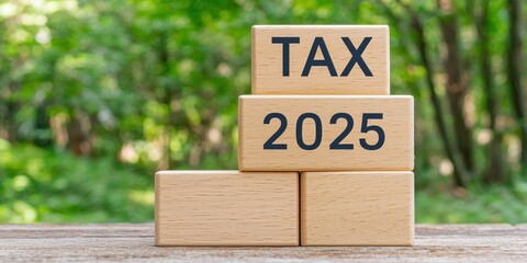 Planning 2025 tax symbol Concept. Tax planning concept with wooden blocks displaying "Tax" and "2025" in a natural setting.