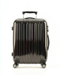 Fototapeta premium Travel essentials modern black suitcase for adventurers minimalistic design, isolated on a white background.