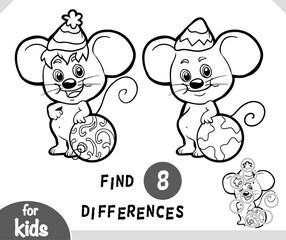 Cute cartoon mouse and Christmas tree ball. Black and white find differences game