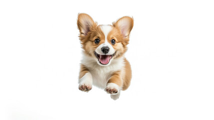 a happy puppy jumping isolated on a white background