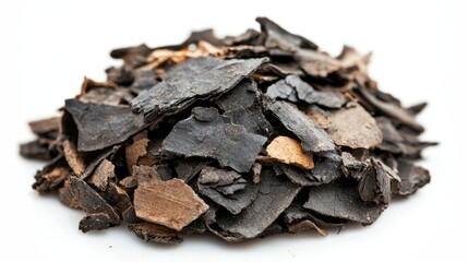Close-Up View of a Pile of Natural Wood Bark Pieces Spread Out on a White Background, Showcasing Texture and Earthy Tones for Organic and Rustic Themes