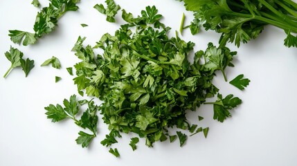 Obraz premium Freshly Chopped Parsley on a White Surface with Whole Parsley Bunch for Culinary and Cooking Concepts, Ideal for Healthy Eating, Vegetarian, and Green Ingredient Themes