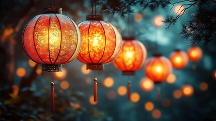 Fototapeta premium Illuminated lanterns hanging from tree branches at night. (1)