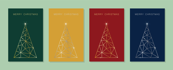 Set of Merry Christmas Card Designs with Simple Geometric Christmas Tree Illustration. Modern Linear Luxury Christmas Cards with Merry Christmas Text. Vector Design template.
