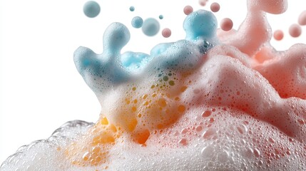 Fototapeta premium Colorful Foam Splash with Bubbles on White Background Showcasing Vibrant Water Drops and Soft Textures for Creative Projects and Advertising Needs