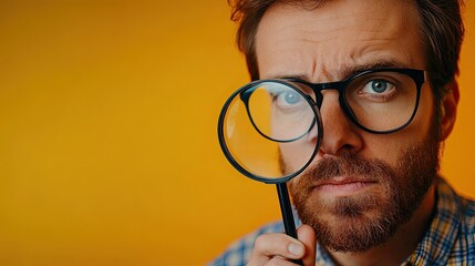 Using a magnifying lens, a man searches concepts against a background of yellow space.