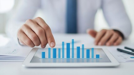 Professional Male Hand Interacting with Data Visualization on Tablet Displaying Statistical Bar Chart in Modern Office Environment