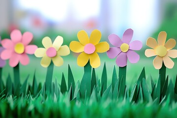 Happy Easter paper craft for kids. Paper DIY seasonal flowers tulips pastel green background. Spring decor, reate art for children, daycare, kindergarten, flyer greeting card, holiday concept
