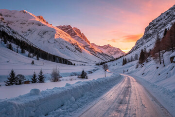 Snowy Mountain Pass in Winter Sunset