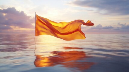 A dynamic view of the Buddhist flag fluttering against a serene ocean backdrop with soft reflections in the water