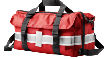 A bright red emergency bag with reflective stripes rests on a clean surface, ready for urgent action in any situation