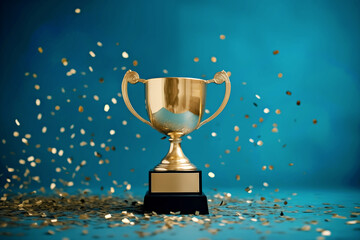 Small elegant gold trophy with gold confetti on light blue background
