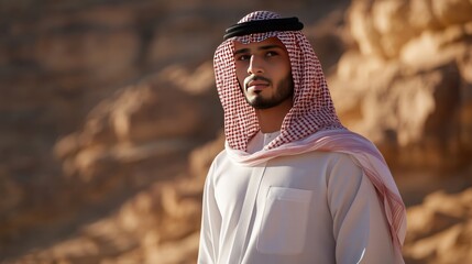 Cultural exploration of a young arab man desert landscape portrait photography warm atmosphere side profile identity and tradition