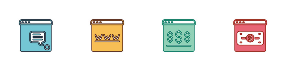 Set New chat messages notification, Browser window, Online shopping screen and icon. Vector