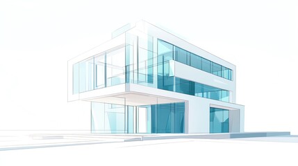 a 2D cartoon illustration of a modern office building with glass walls, corporate and sleek, white background--ar 16:9