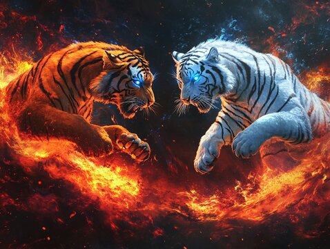 Majestic tigers in a fiery battle representing strength, power, and duality against a dark cosmic backdrop