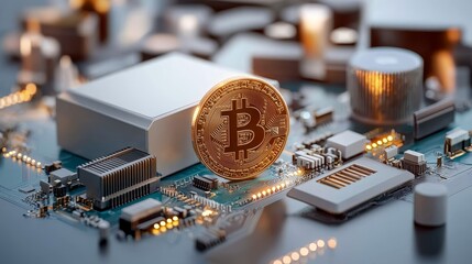 Golden Bitcoin Coin on Circuit Board Surrounded by Electronic Components and Lights Representing the Intersection of Cryptocurrency and Technology Innovation