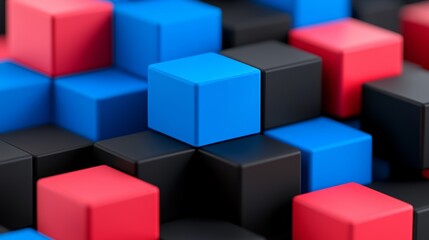 Obraz premium Geometric design featuring reflective cubes illuminated by red and blue lights.