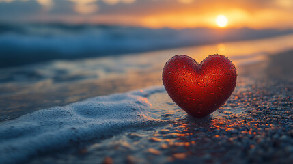 Fototapeta premium Red Heart Floating in the Sea Water Against a Sunset