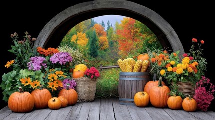 An idyllic autumn setting featuring pumpkins and bright foliage.