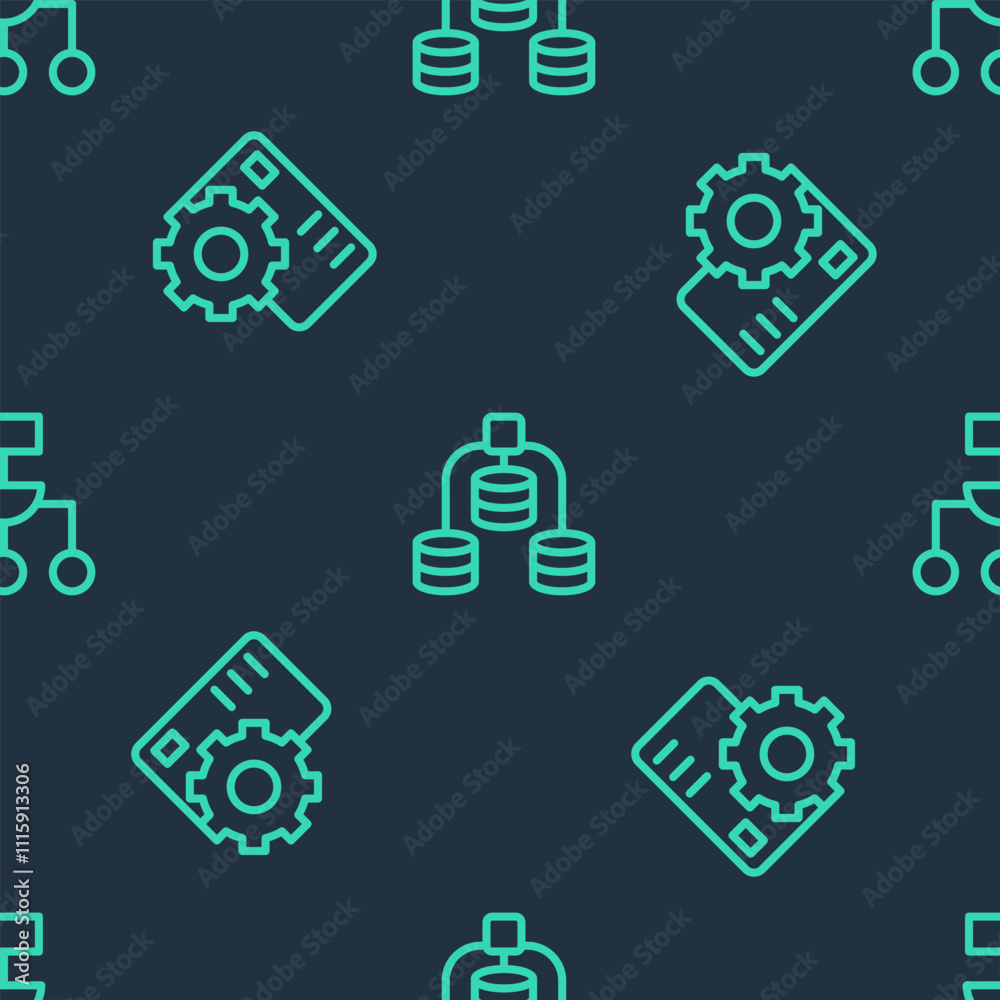 Poster Set line Server, Data, Neural network and Algorithm on seamless pattern. Vector