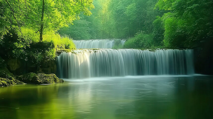 A serene waterfall cascading into a tranquil pool, surrounded by lush green foliage.