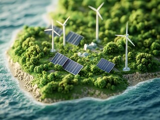 A 3D isometric rendering of an island featuring solar panels, showcasing sustainable energy and...