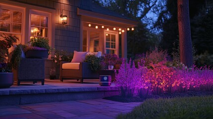 Obraz premium Evening patio scene with colorful lighting, comfortable seating, and lush garden.