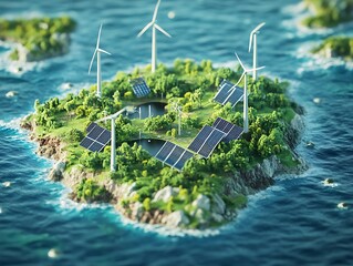 3D isometric rendering of an island featuring solar panels, ideal for sustainable energy concepts.