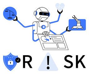 AI robot managing documents, holding symbols for law, health, security, and robotics, representing diverse risk factors. Ideal for risk management, AI technology, health law cybersecurity
