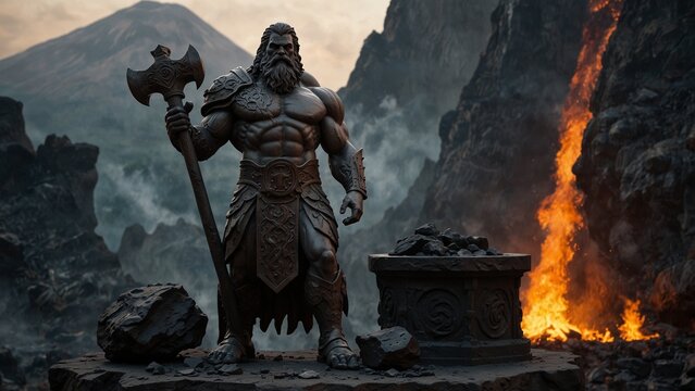 Statue of Hephaestus, the god of fire, wearing lava armor and holding an iron forge hammer, set against a forge and volcano, with creation and rebirth symbols carved on the base.